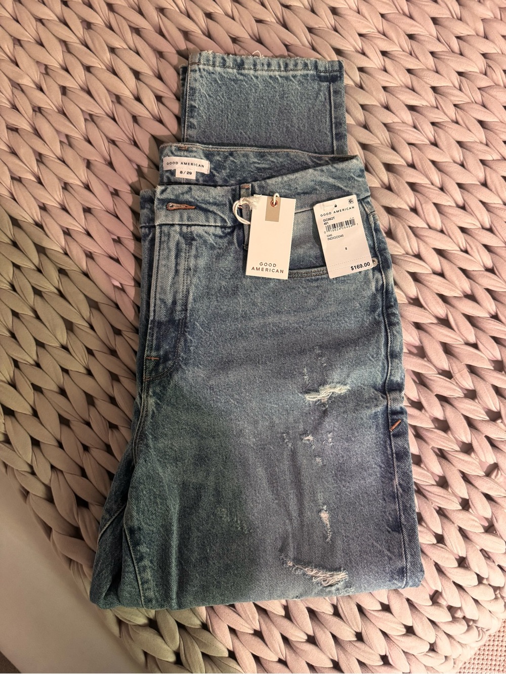 Good American Light Blue Slim Straight Distressed Jeans